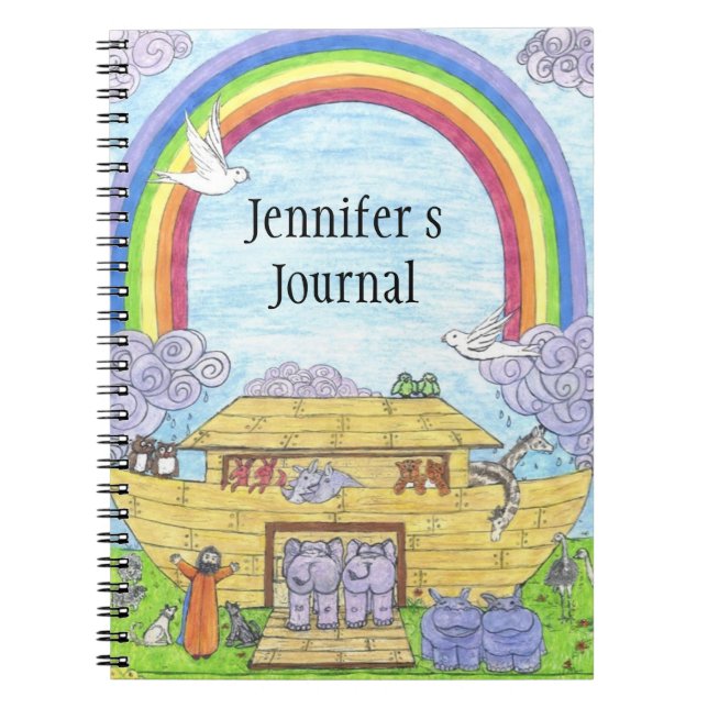 Cute Noah's Ark illustration elephants hippos owls Notebook (Front)