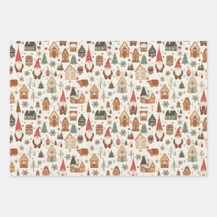 Cute Nordic Christmas Gnomes & Gingerbread Village Wrapping Paper Sheet