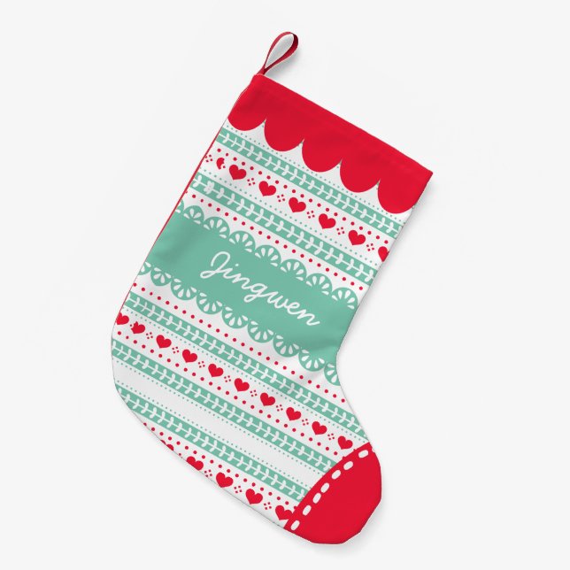 Cute Nordic Folk Holidays Mint Red Pattern Custom Small Christmas Stocking (Front (Hanging))