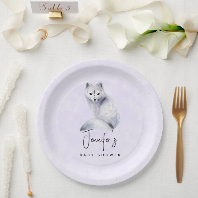 Cute Nordic Fox with Floral Markings Baby Shower Paper Plate (Wedding)