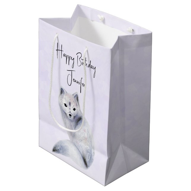 Cute Nordic Fox with Floral Markings Birthday Medium Gift Bag (Front Angled)