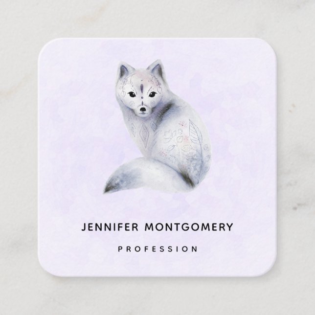 Cute Nordic Fox with Floral Markings Square Business Card (Front)