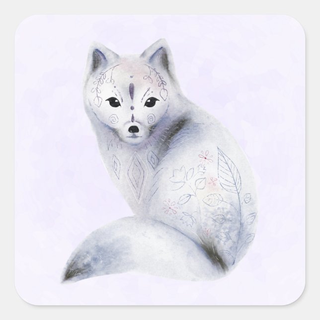 Cute Nordic Fox with Floral Markings Square Sticker (Front)