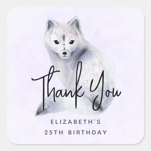 Cute Nordic Fox with Floral Markings Thank You Square Sticker (Front)