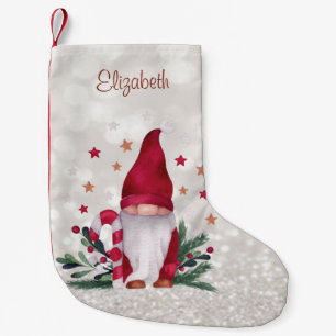 Cute Nordic Gnome Glittery Bokeh Small Christmas Stocking