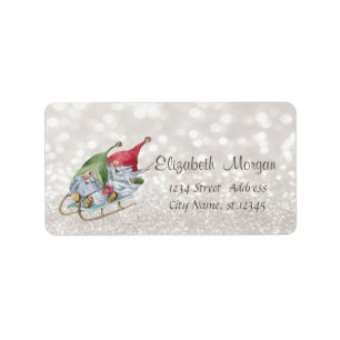 Cute Nordic Gnomes Sleigh Glittery Bokeh Label