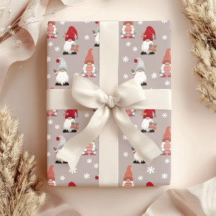 Cute Nordic Gnomes Winter Red Pink Grey White Wrapping Paper