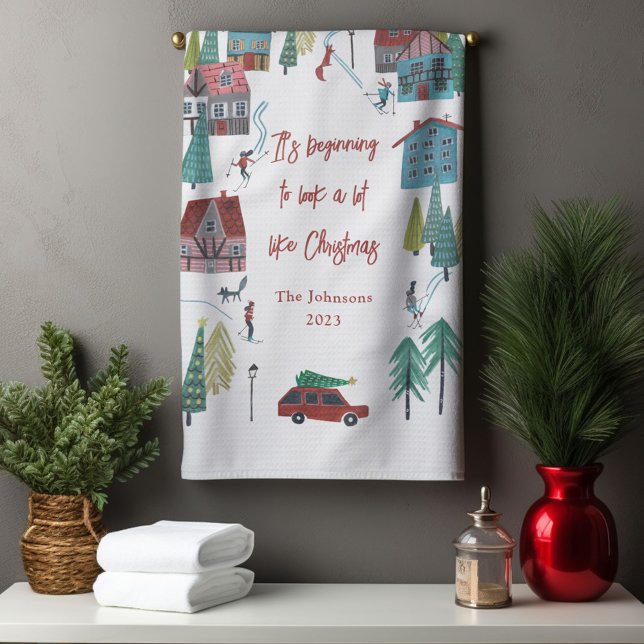 Cute Nordic skating Village Tea Towel (Cute Nordic skating Village Kitchen Towel)