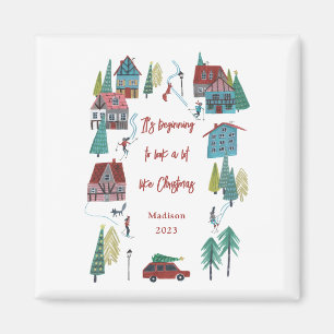 Cute Nordic skiing Village Christmas Party Magnet