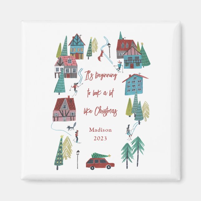 Cute Nordic skiing Village Christmas Party Magnet (Front)