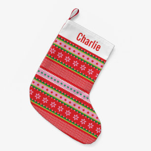 Cute Nordic Sweater pattern red pink green Small Christmas Stocking