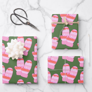 Cute Nordic Winter Mittens Pattern Pink and Green Wrapping Paper Sheet