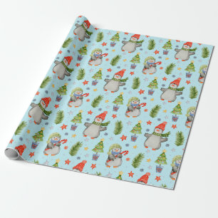 Cute North Pole Christmas Penguins Wrapping Paper