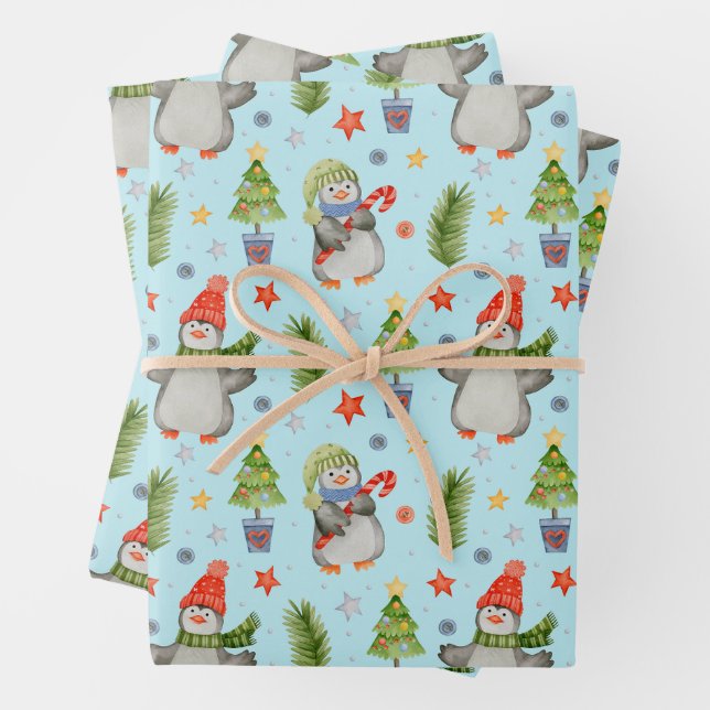 Cute North Pole Christmas Penguins Wrapping Paper Sheet (In situ)