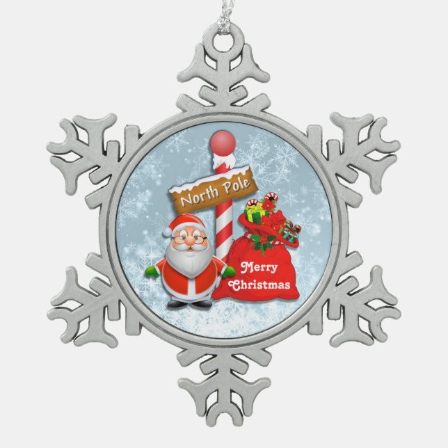 Cute North Pole Santa Snowflake Ornament (Front)
