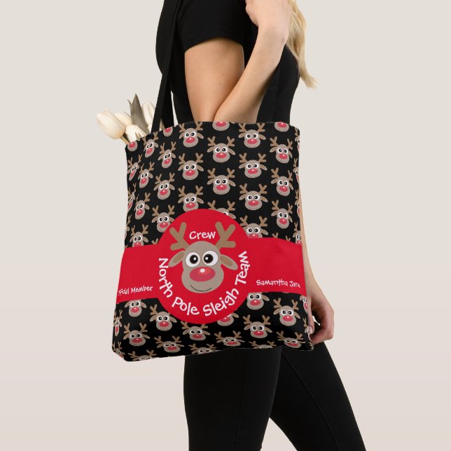 Cute North Pole Sleigh Team Crew Reindeer Pattern Tote Bag (Close Up)
