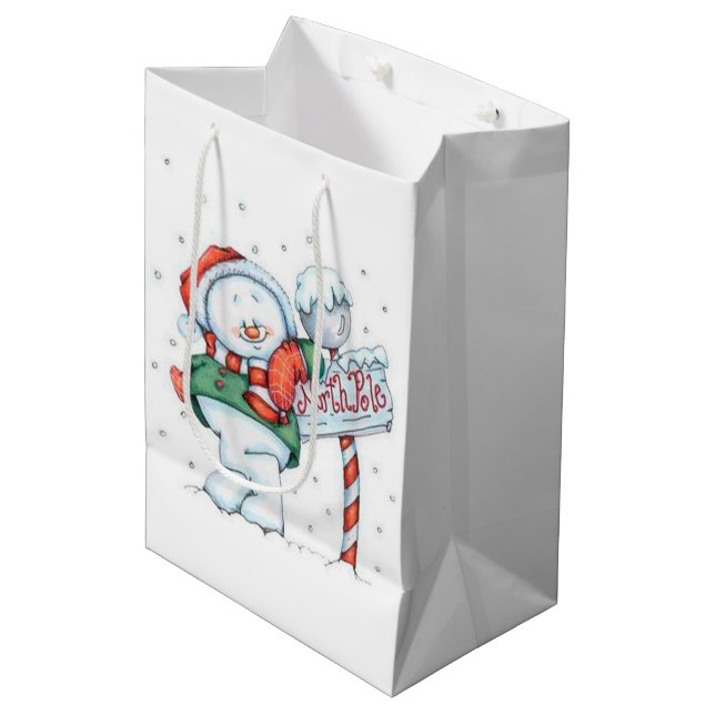 Cute North Pole Snowman Medium Gift Bag (Front Angled)