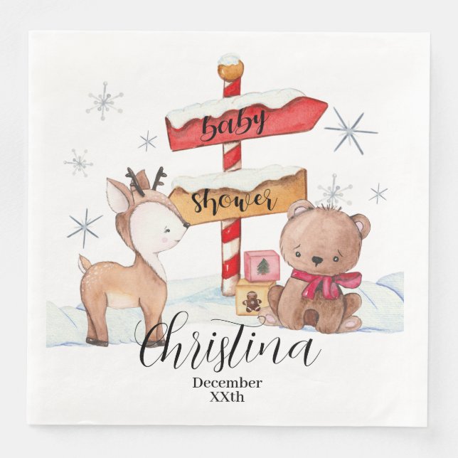 Cute North Pole Winter Theme Baby Shower Napkin (Front)
