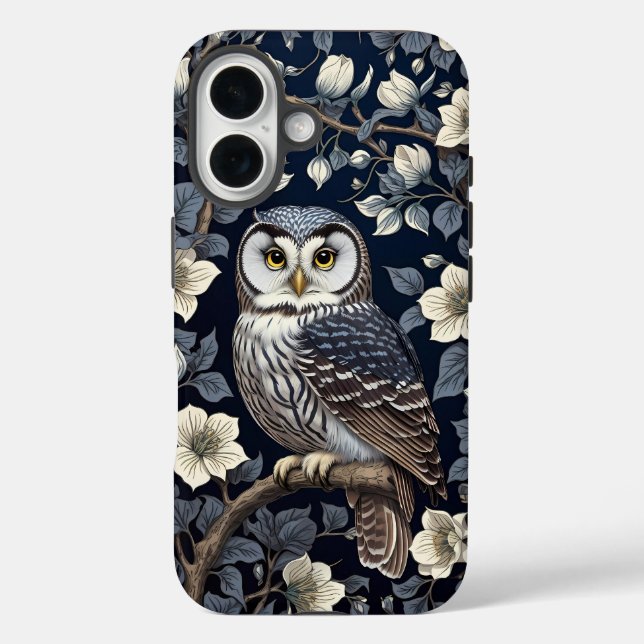 Cute Northern Saw-Whet Owl And Moonflowers On Navy Case-Mate iPhone Case (Back)