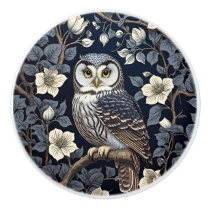 Cute Northern Saw-Whet Owl And Moonflowers On Navy Ceramic Knob
