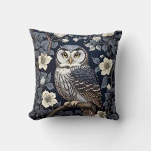 Cute Northern Saw-Whet Owl And Moonflowers On Navy Cushion