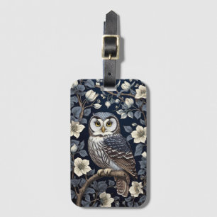 Cute Northern Saw-Whet Owl And Moonflowers On Navy Luggage Tag