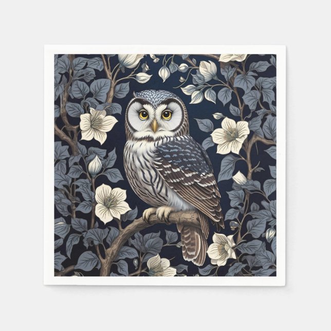 Cute Northern Saw-Whet Owl And Moonflowers On Navy Napkin (Front)