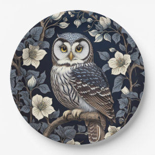 Cute Northern Saw-Whet Owl And Moonflowers On Navy Paper Plate