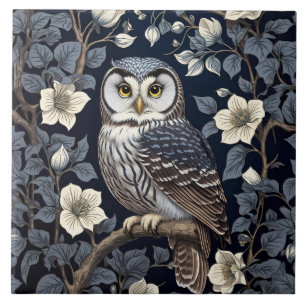 Cute Northern Saw-Whet Owl And Moonflowers On Navy Tile
