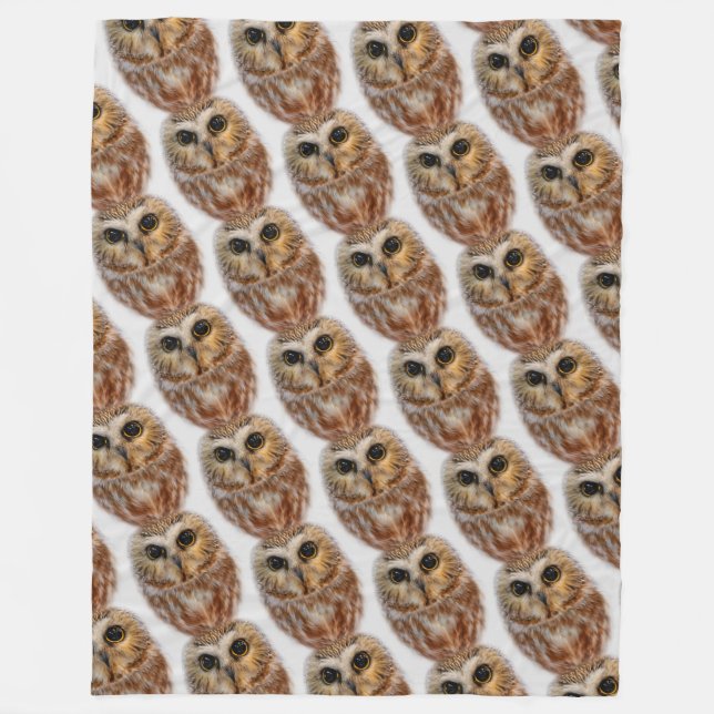 Cute Northern Saw Whet Owl Fleece Blanket (Front)