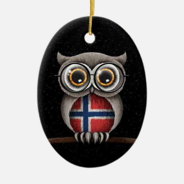 Cute Norwegian Flag Owl Wearing Glasses Ceramic Tree Decoration (Front)