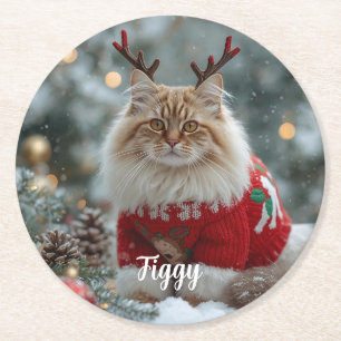 Cute Norwegian Forest Cat Christmas Personalised Round Paper Coaster