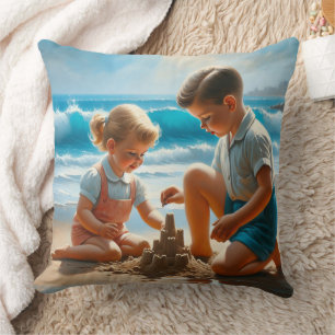Cute Nostalgic Children at the Beach 50's Era Cushion