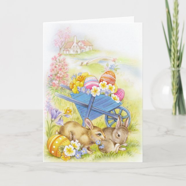 Cute nostalgic vintage easter bunnies holiday card (Front)