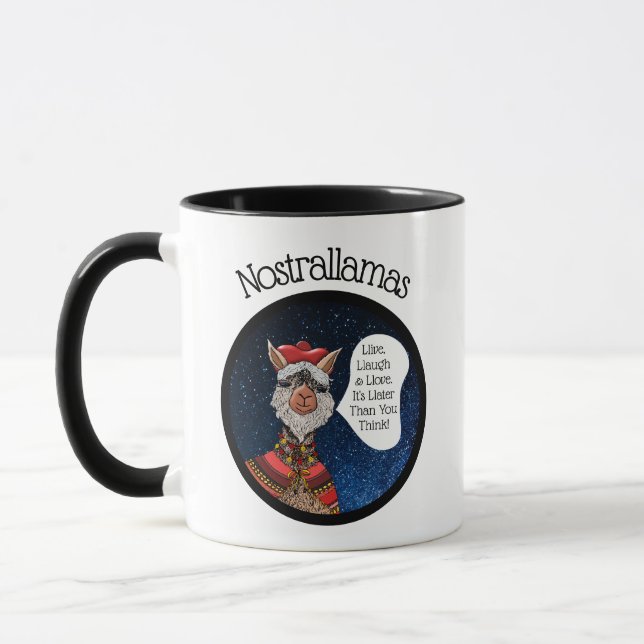 Cute Nostradamus Llama Pun Inspirational Quote Mug (Left)