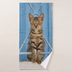 Cute Nosy Tabby Cat Kitten Sitting in a Blue Fence Bath Towel Set
