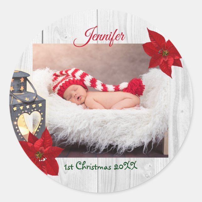 Cute Not So Silent Night Baby 1st Christmas Photo Classic Round Sticker (Front)