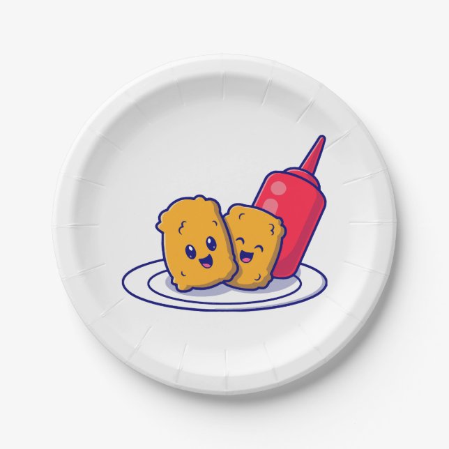 Cute Nuggets Smile With Sauce Cartoon  Paper Plate (Front)