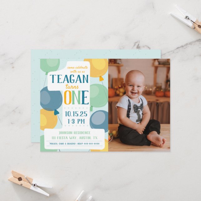 Cute Number 1 First Birthday Photo Invitation (Front/Back In Situ)