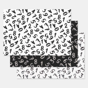 Cute Numbers Black White Grey Pattern Mathematics Wrapping Paper Sheet