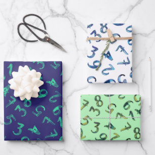 Cute Numbers Pattern Navy Blue Green Mathematics Wrapping Paper Sheet