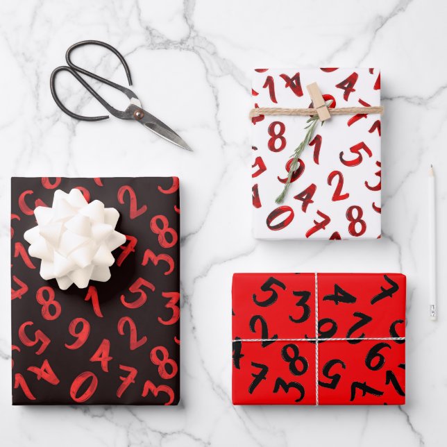 Cute Numbers White Red Black Pattern Mathematics Wrapping Paper Sheet (Front)