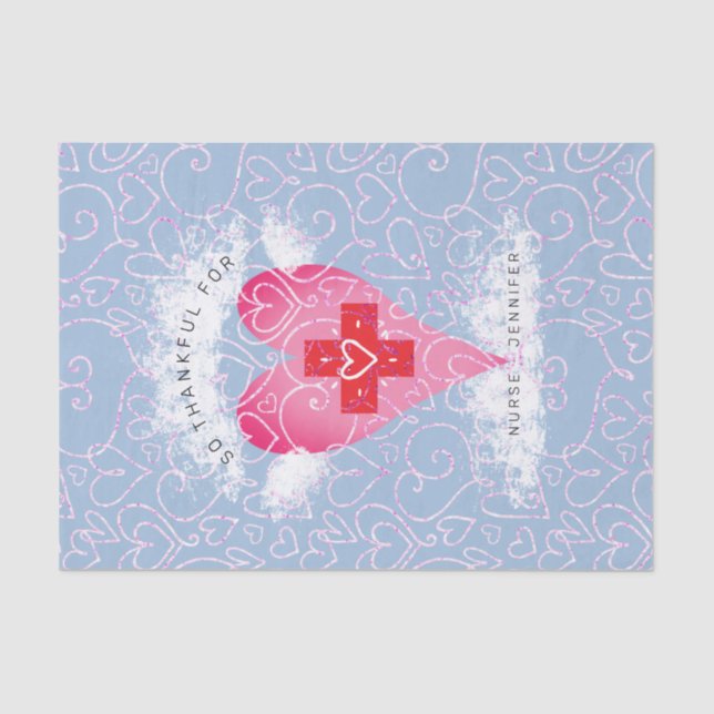 Cute Nurse Blue Pink Heart Personalised Tissue Paper (Front)