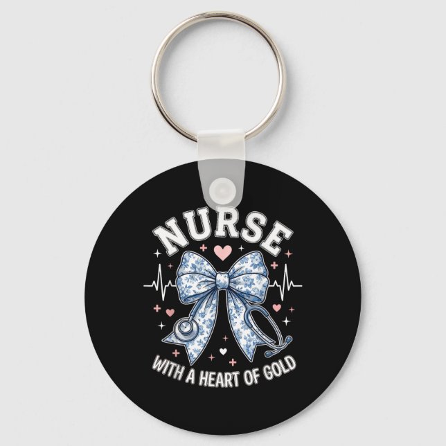 Cute Nurse Bow with A Heart of Gold Nursing Key Ring (Front)