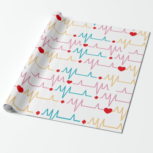Cute Nurse EKG Pattern Heart Cardiogram Surgeon Wrapping Paper (Unrolled)