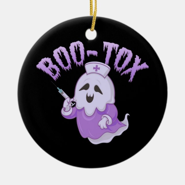 Cute Nurse Ghost with Botox Injection Funny Spooky Ceramic Tree Decoration (Front)