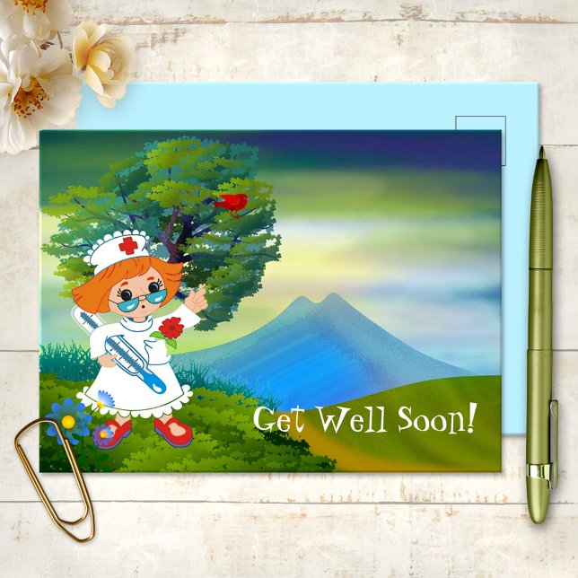Cute Nurse Landscape Kids Get Well Soon Postcard (Get Well Soon Postcard featuring a cute nurse in a colorful artistic landscape scene)