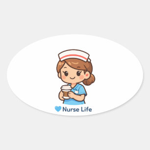 Cute Nurse Life Coffee Illustration   Nurse Sticke Oval Sticker