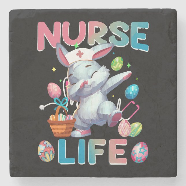 Cute Nurse Life Dabbing Easter Bunny Stone Coaster (Front)