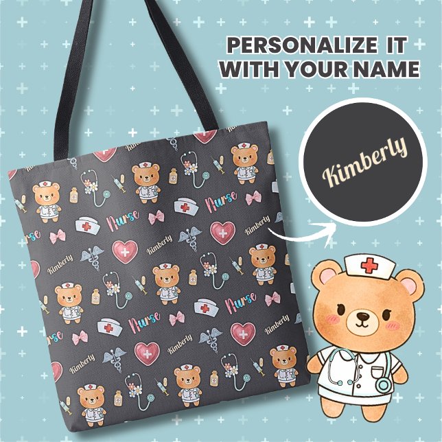 Cute Nurse Name Watercolor RN Healthcare Pattern  Tote Bag (Personalized Name Cute Nurse, Bear, Caduceus, Syringe, Stethoscope and more Pattern Tote Bag for RN)